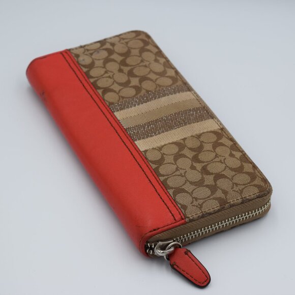 Coach Red Leather and Signature Brown Canvas Long Zip Around Wallet - Picture 4 of 7